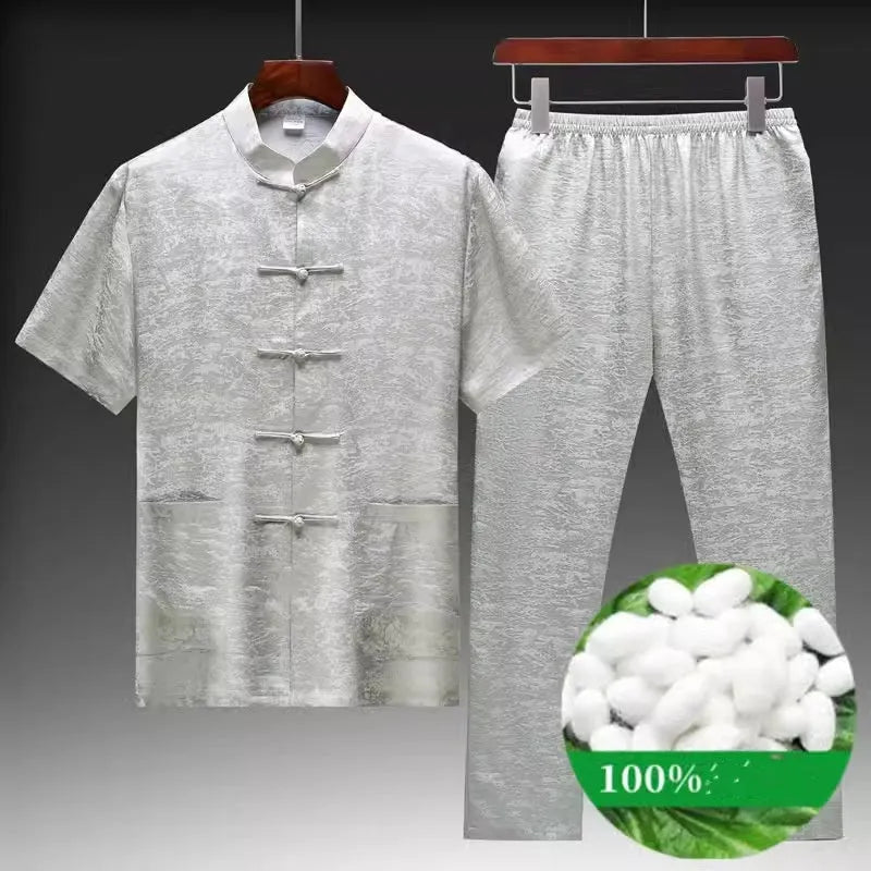 Men's mulberry silk Tang suit in traditional Chinese style with jacket and trousers