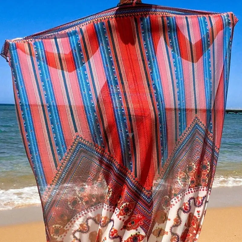 Women's three-piece split swimsuit set showing high-waist briefs and cutout blouse in polyester fabric