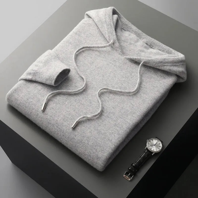Men's casual two-piece set: seamless wool hoodie with drawstring and matching pants in black, dark gray, and light gray