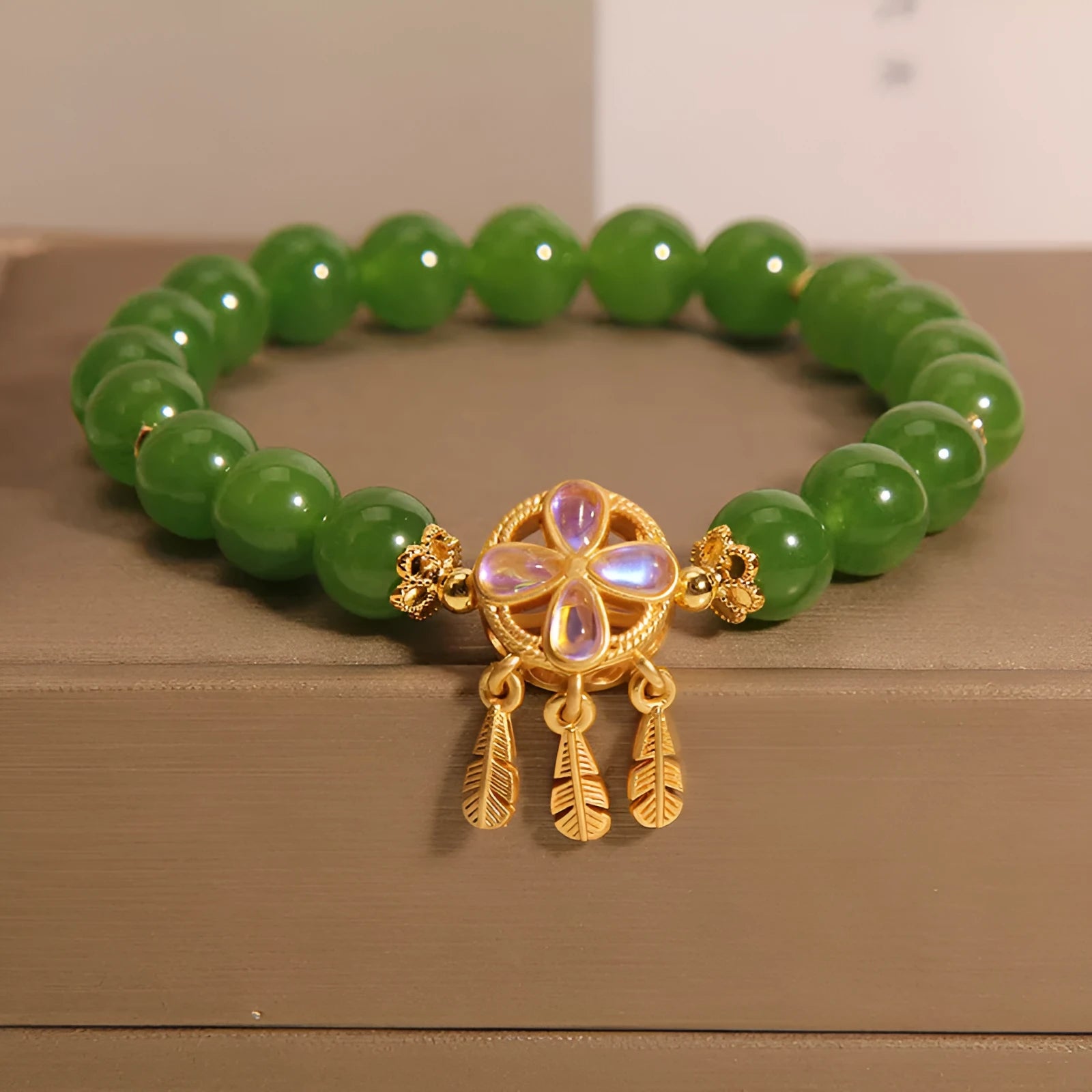 Green jasper crystal bracelet with four-leaf clover dream catcher pendant, women's original design jewellery