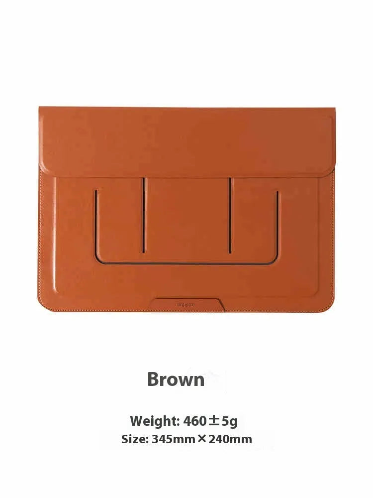 Black 13.3 inch laptop bracket bag with integrated adjustable stand in open and closed positions.