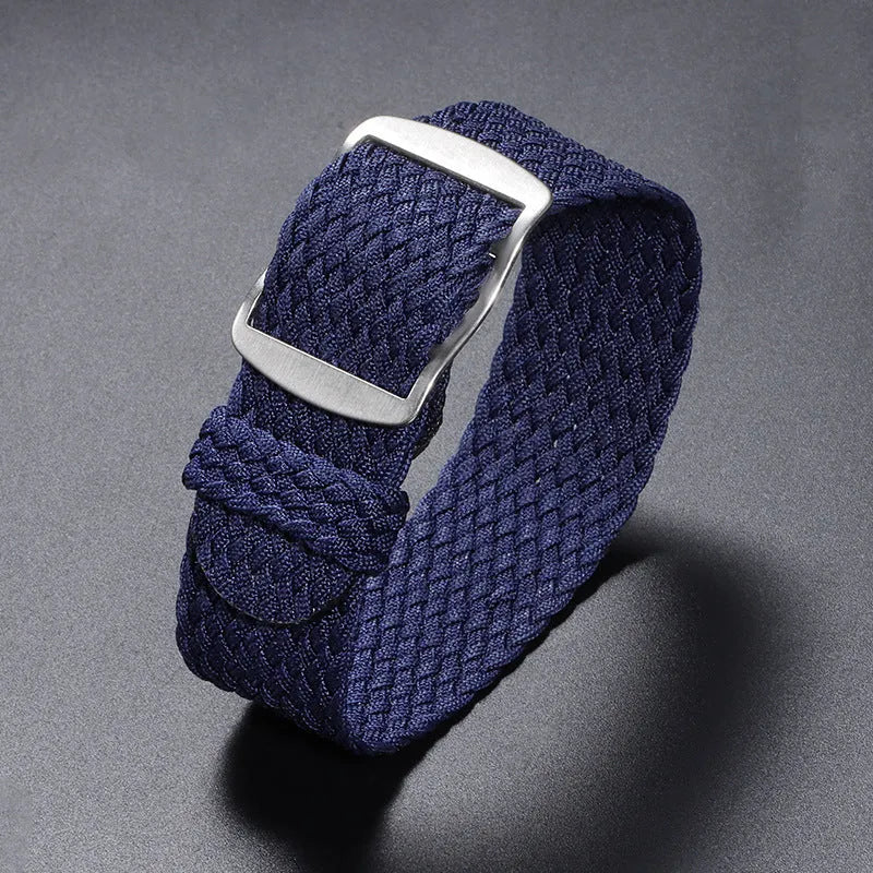 Woven nylon watchband in beige, 20mm width, with canvas-style finish on white background