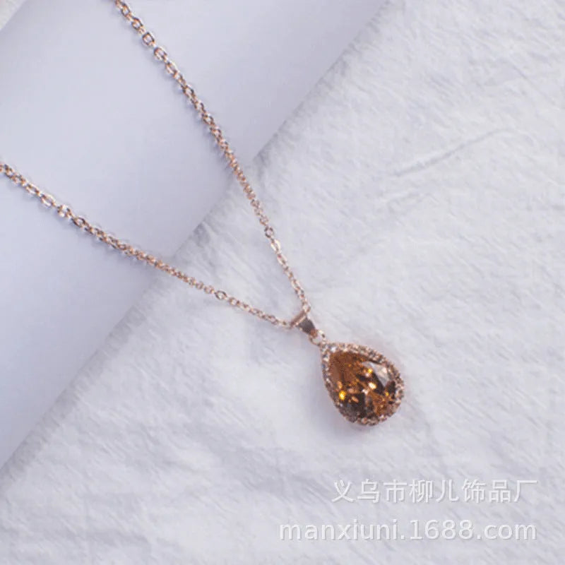 Women's rose gold water drop rhinestone necklace with geometric design and artificial gemstone inlay