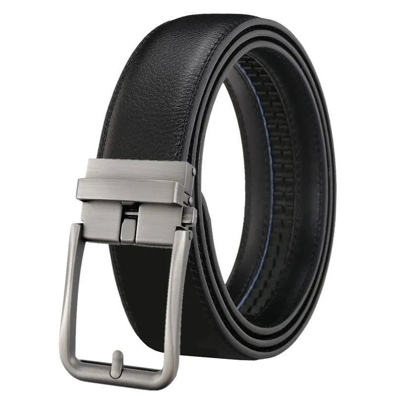 Men's genuine leather belt with automatic alloy buckle, available in multiple colours and lengths