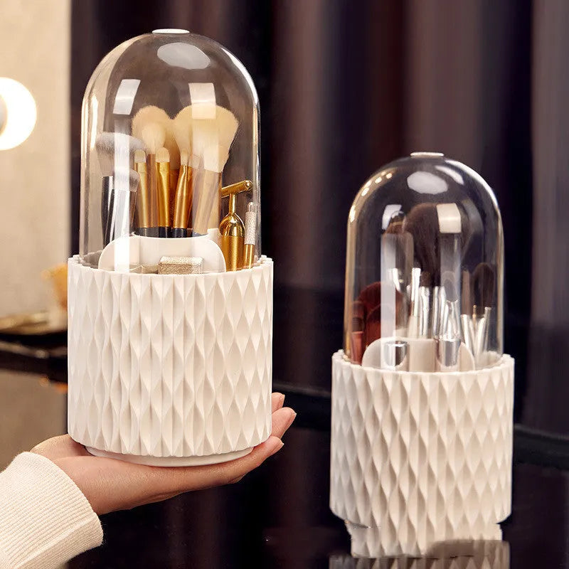 White rotating transparent acrylic makeup brush storage holder with dustproof lid on desktop