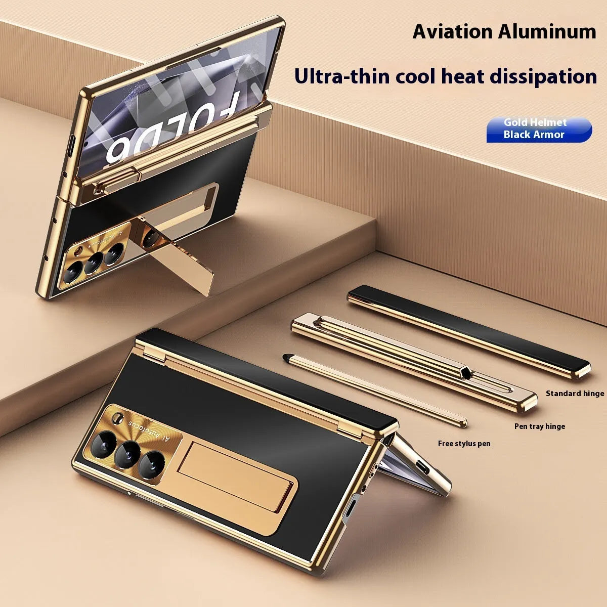 Aluminum alloy flip phone case for Samsung Zfold6 with bracket and magnetic suction, gold helmet black armour colour