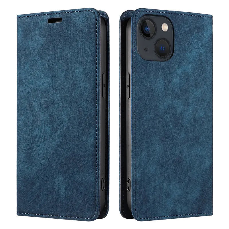 Magnetic flip phone case for iPhone in multiple colours, showing TPU body and leather cover.