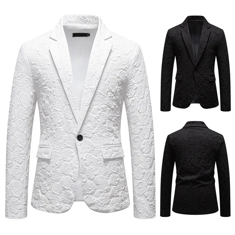 Slim-fit groom suit top in black with bag cover seam pocket, polyester blend, front view on mannequin
