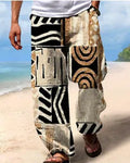 Men's solid colour digital print long straight trousers with drawstring waist and belt, chemical fibre blend fabric