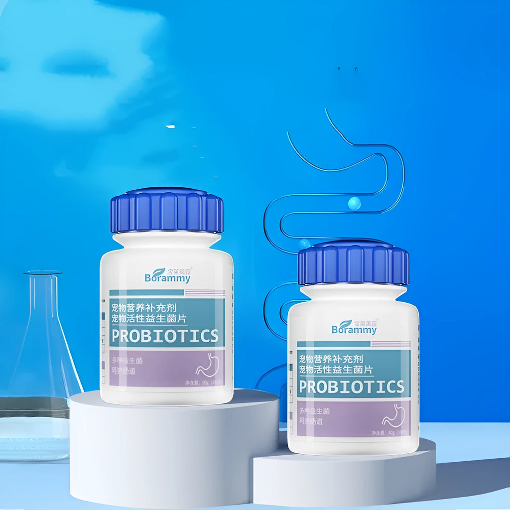 Bottle of 180 pet probiotic chewable tablets for cats and dogs.