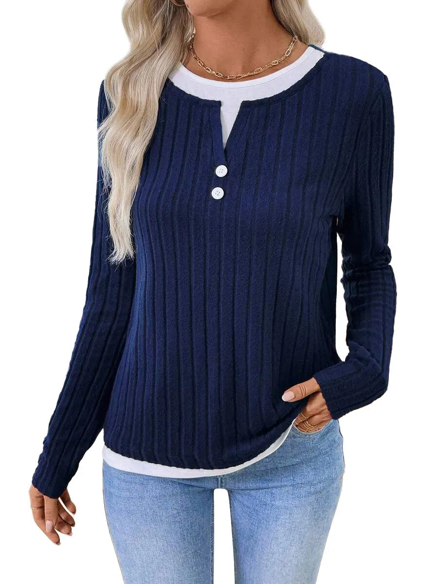 Women's black fake two-piece round neck pullover sweater with long sleeves.