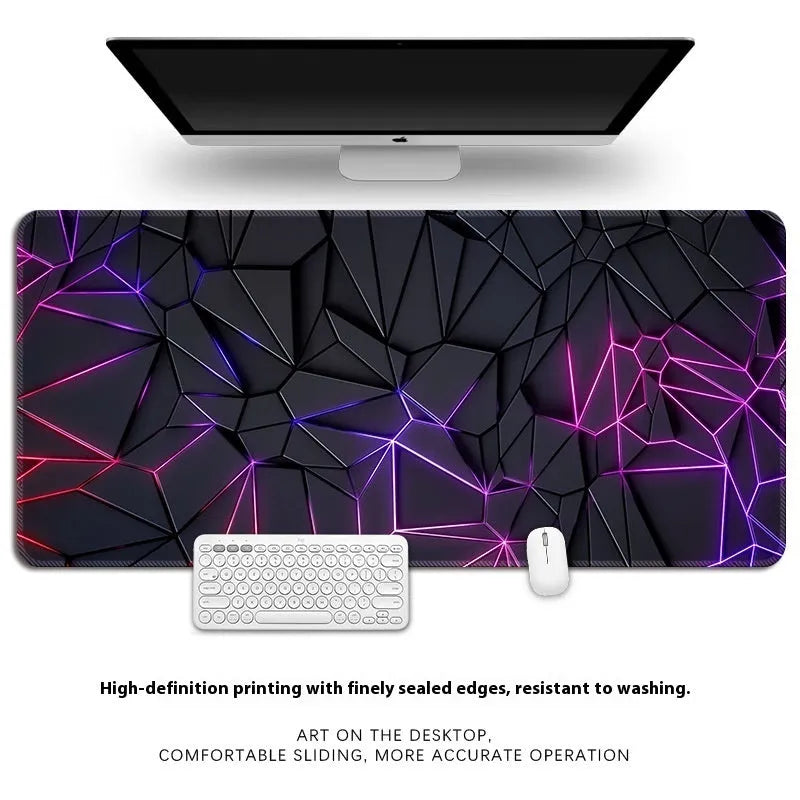 Thickened overlock natural rubber computer desk mat with thermal transfer pattern, shown on a desk with keyboard and mouse.