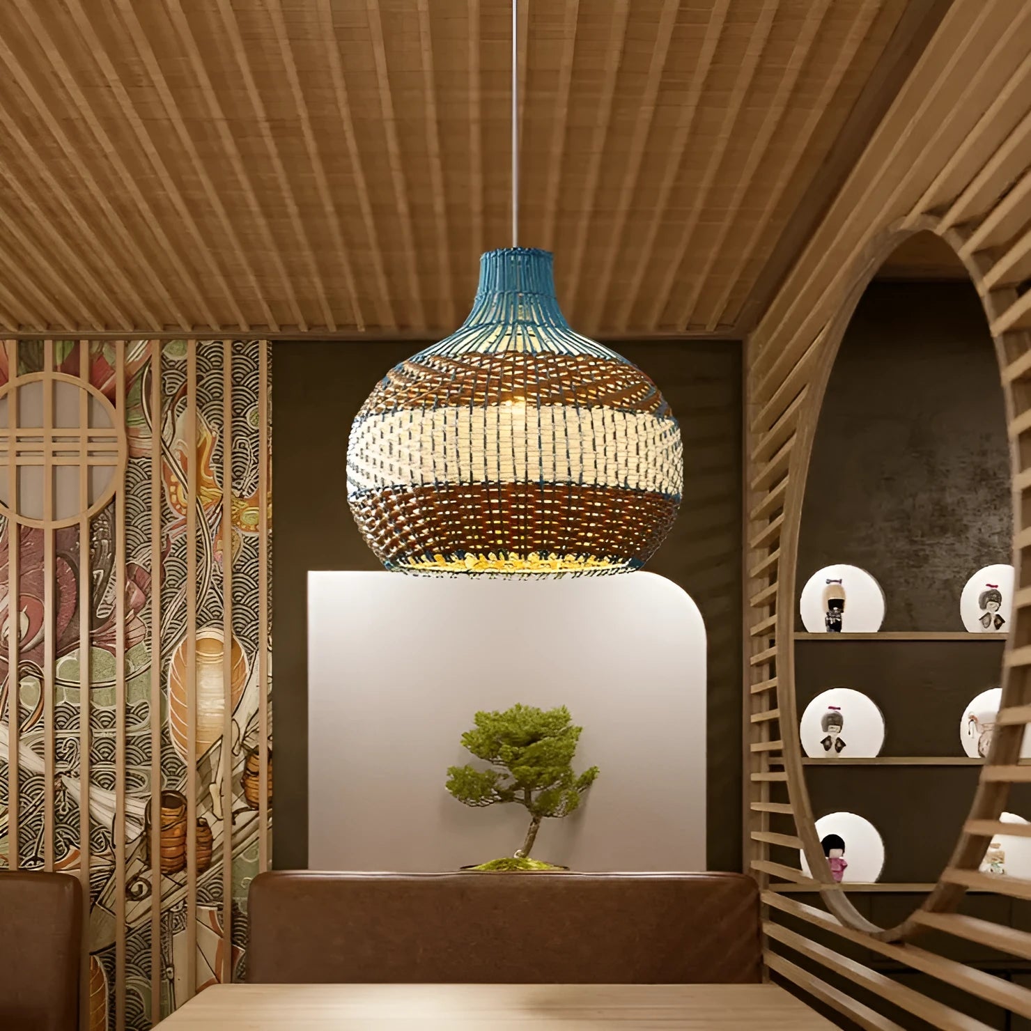 Woven vine Southeast Asian style pendant lamp with natural materials and warm white illumination