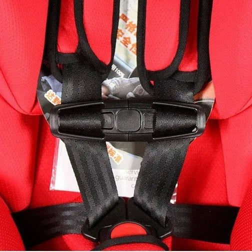 Black nylon child safety seat harness buckle clip for 5-point systems, measuring 14.5cm long.