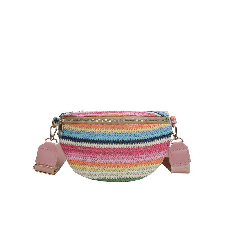 Blue straw woven beach shoulder bag with shell shape and single strap