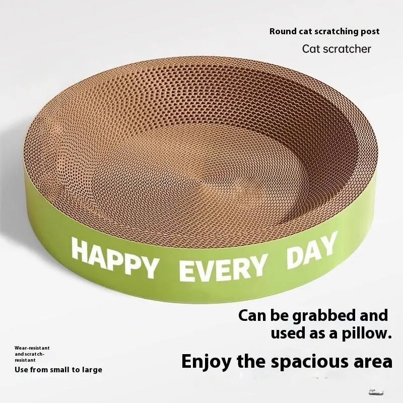 A green round cat nest with a built-in scratching board, shown in 50cm and 55cm size options.