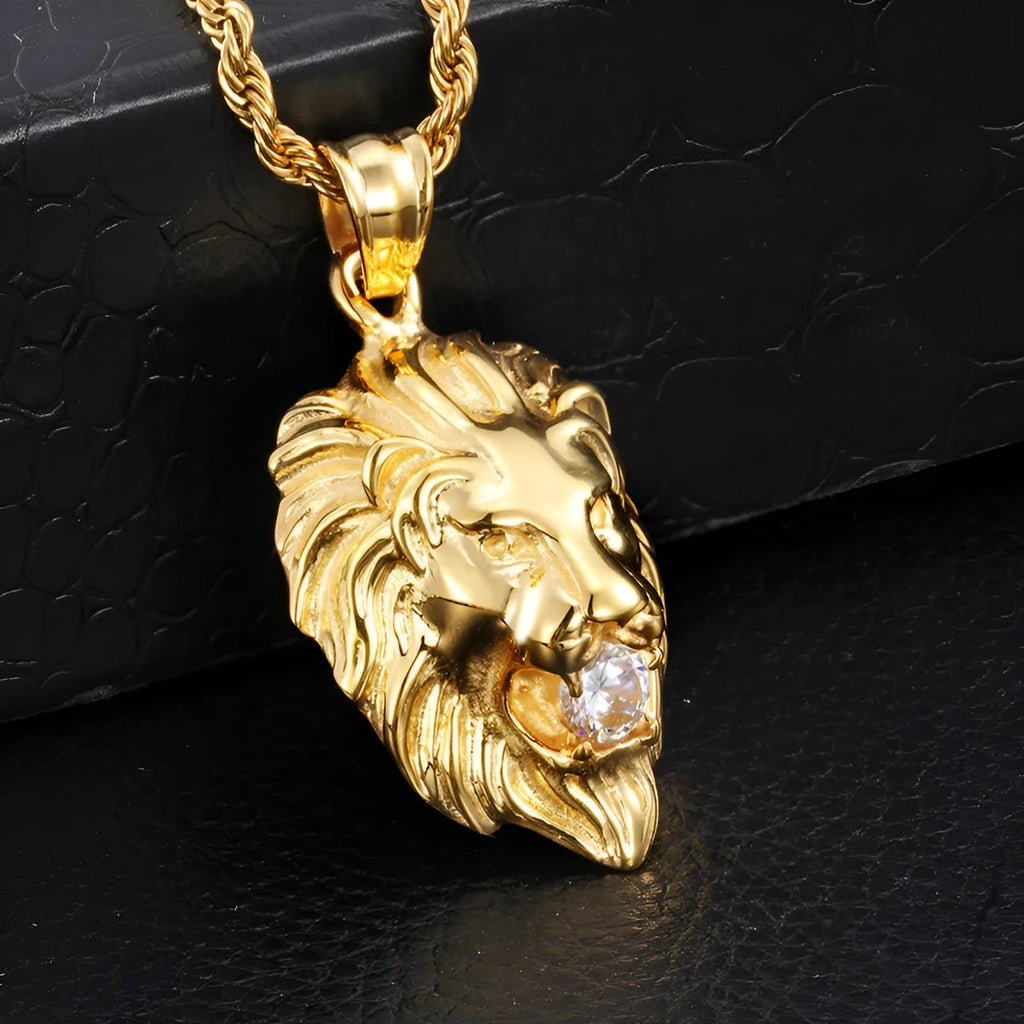 Gold alloy diamond lion's head men's pendant necklace with geometric shape