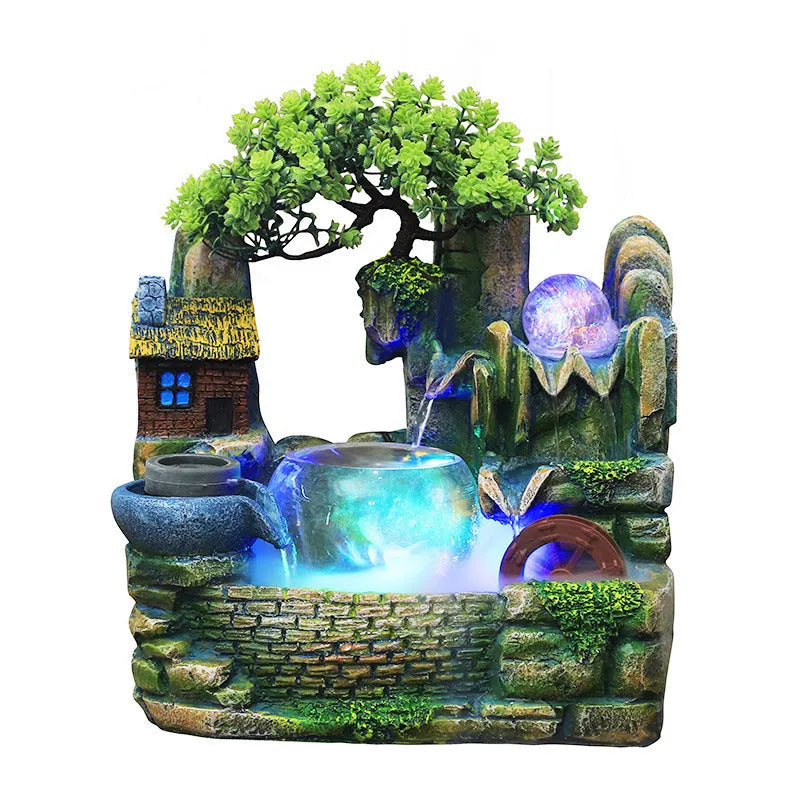 Desktop waterscape fish tank creative humidifier in retro nostalgic resin style, 308+ fog colour, landscape shape with flowing water ornament