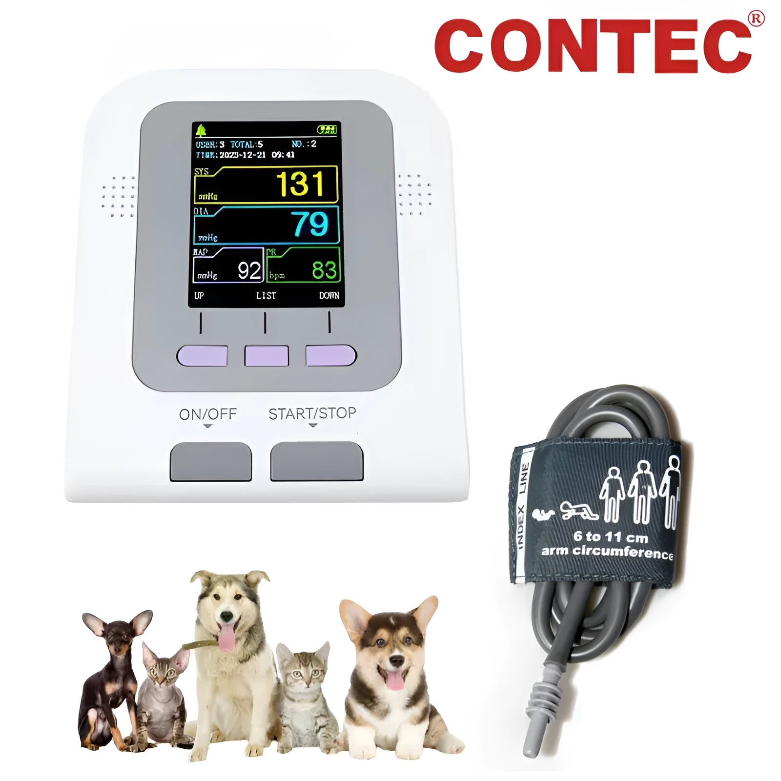 CONTEC08A veterinary digital blood pressure monitor with colour display and three cuff sizes