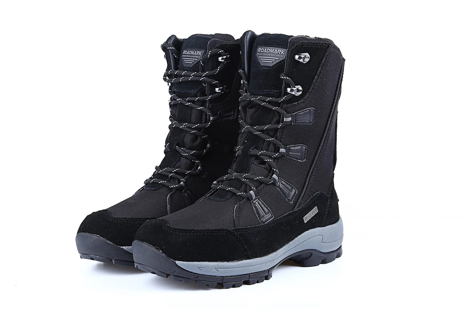 Women's genuine leather mid-calf thermal snow boots in black colour with round toe and rubber sole