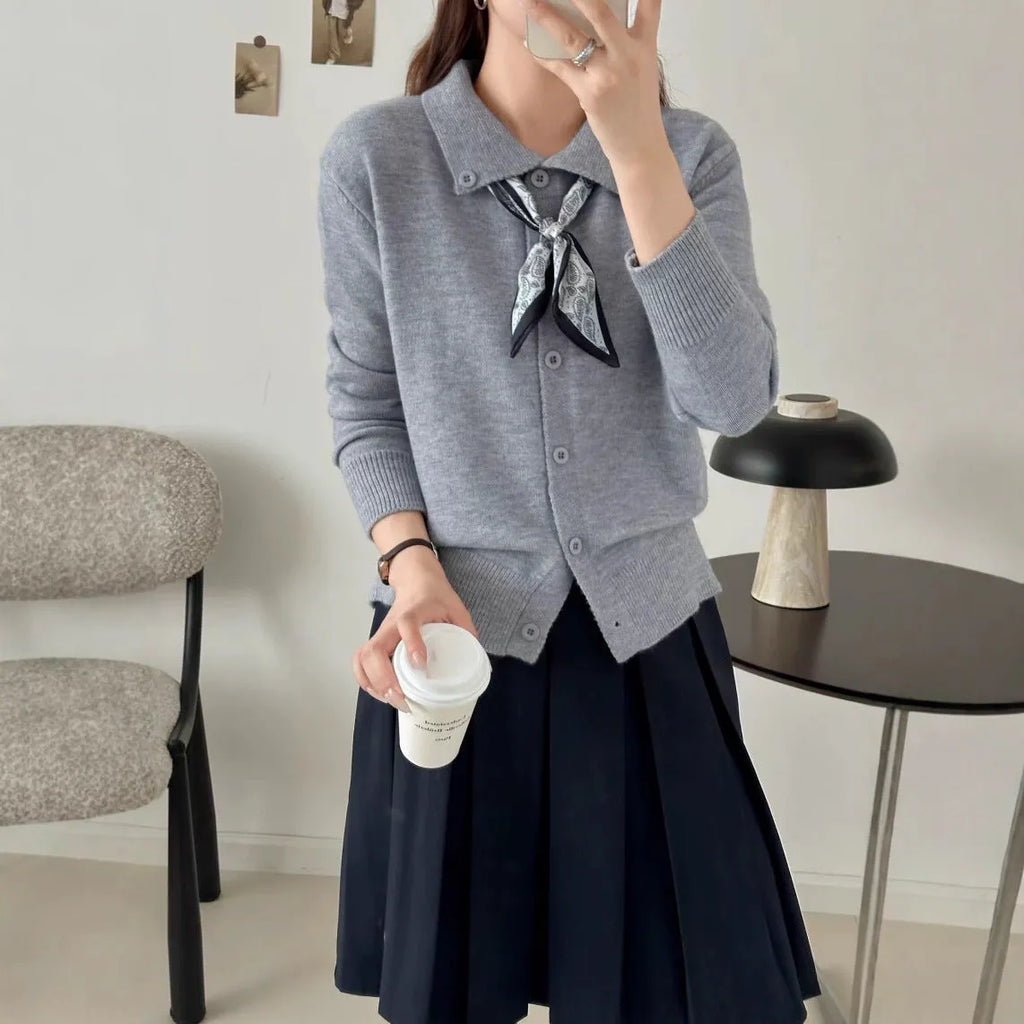 Lazy Fashion lapel and scarf detail cardigan sweater in acrylic fabric