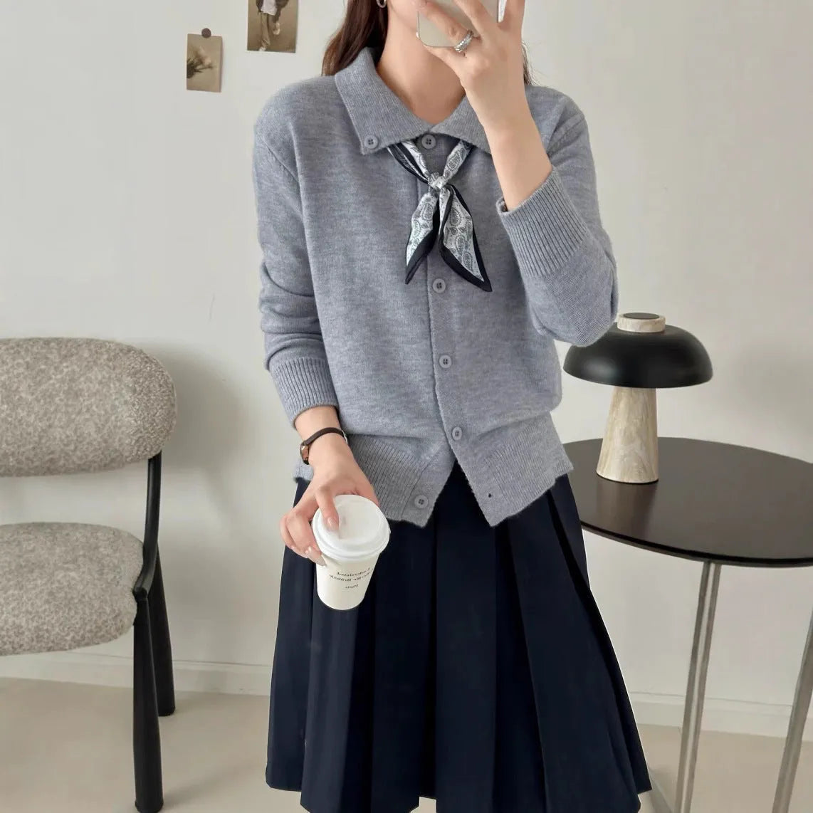 Lazy Fashion lapel and scarf detail cardigan sweater in acrylic fabric