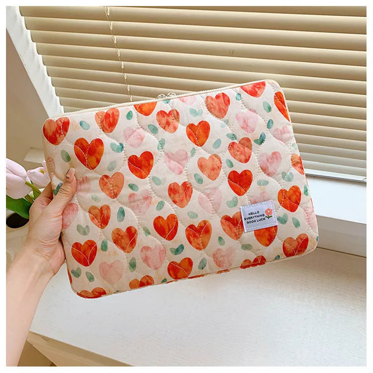 Women's printed cloth laptop bag with floral pattern showing anti-shock protection and storage compartments