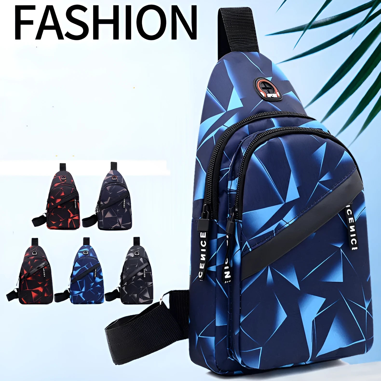 Men's print sling chest bag with earphone hole, Oxford cloth construction, showing front view with zipper opening