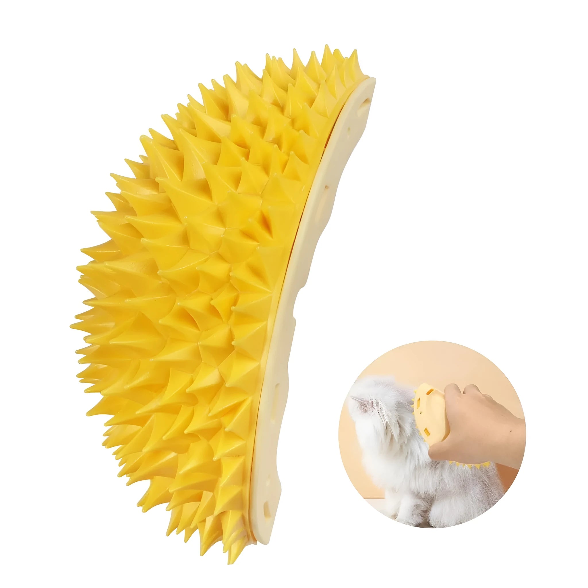 Yellow durian-shaped cat corner scratcher with massage comb surface mounted on wall