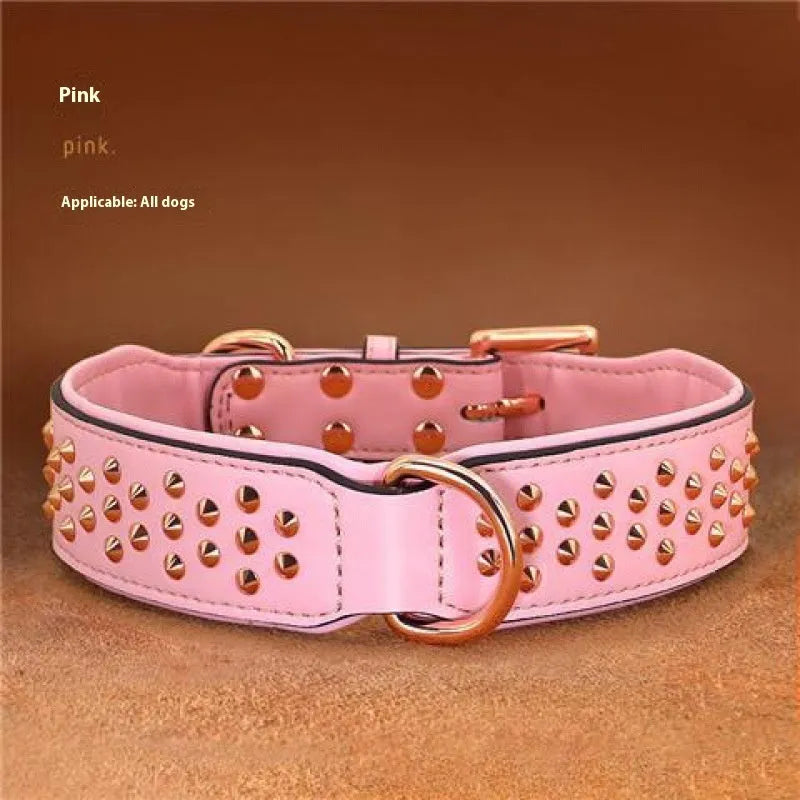 Leather dog collar with a line of metal anti-bite rivets, shown in chocolate brown colour.