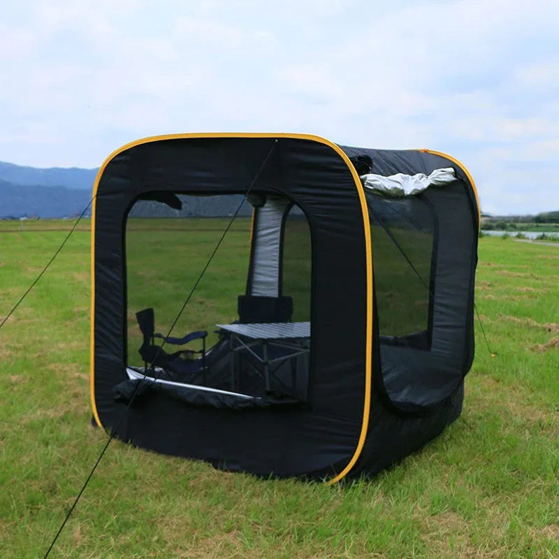 Black pop-up car tail tent unfolded to 200cm size with storage bag