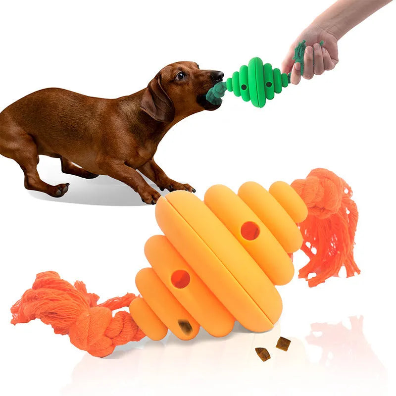 Green and yellow silicone dog ball with rope knot, showing spiral design for treat dispensing.
