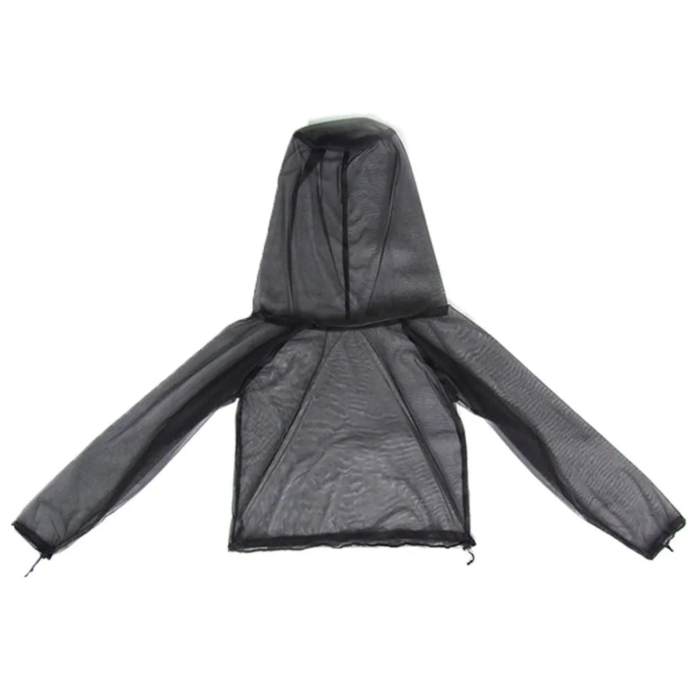 Adult wearing a light grey mesh anti-mosquito suit with hood, full-length pants, and booties for outdoor protection.