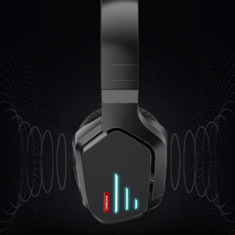 Luminous black wireless gaming headphones with head-mounted design showing LED lighting elements