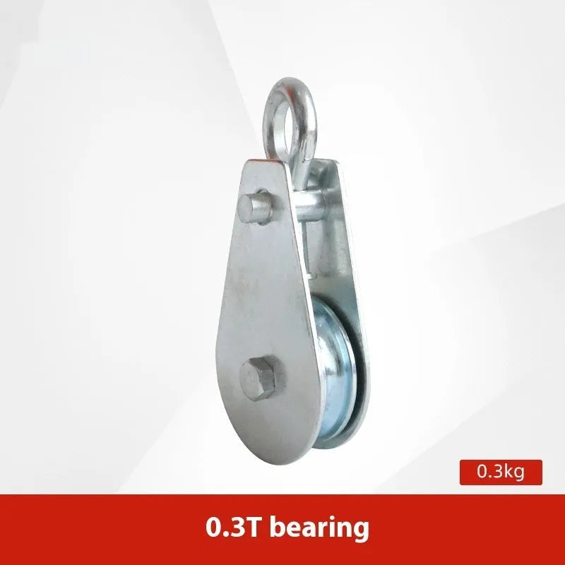 Red forged steel industrial lifting pulley with a safety latch on the hook