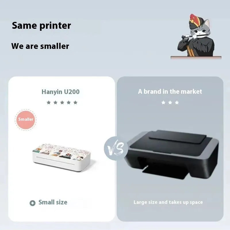 Small intelligent thermal printer with plastic housing, ribbon cartridge, and paper pack for remote learning and home printing.