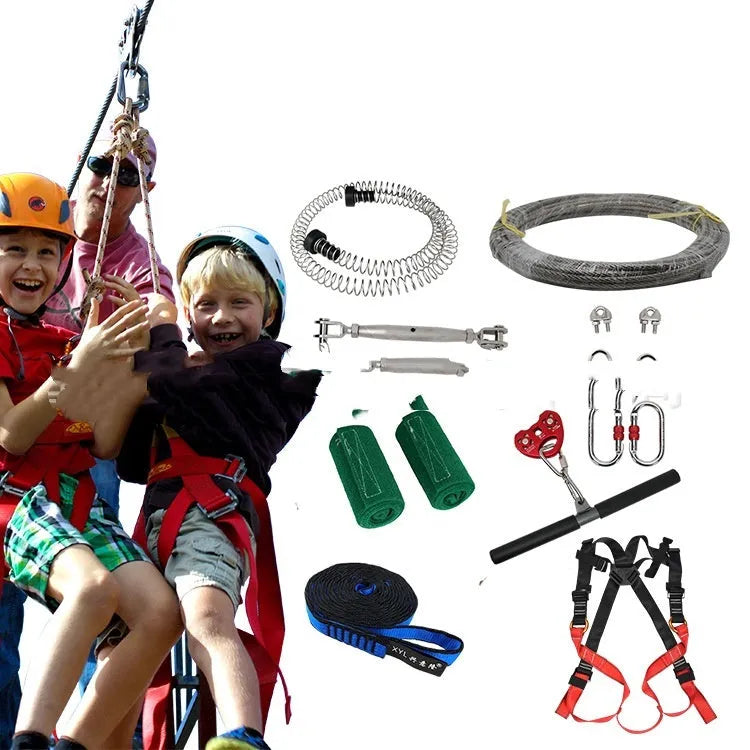 XYL Ziptreck Suit 10 metre zipline pulley system with handle and safety components