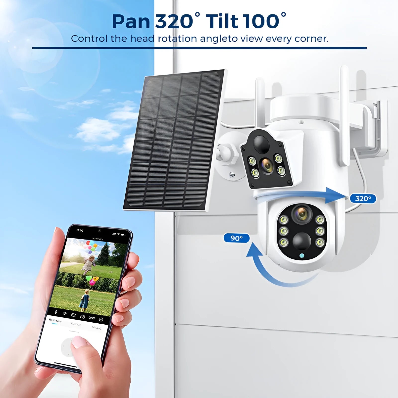 Outdoor solar-powered wireless security camera with solar panel and 4MP resolution