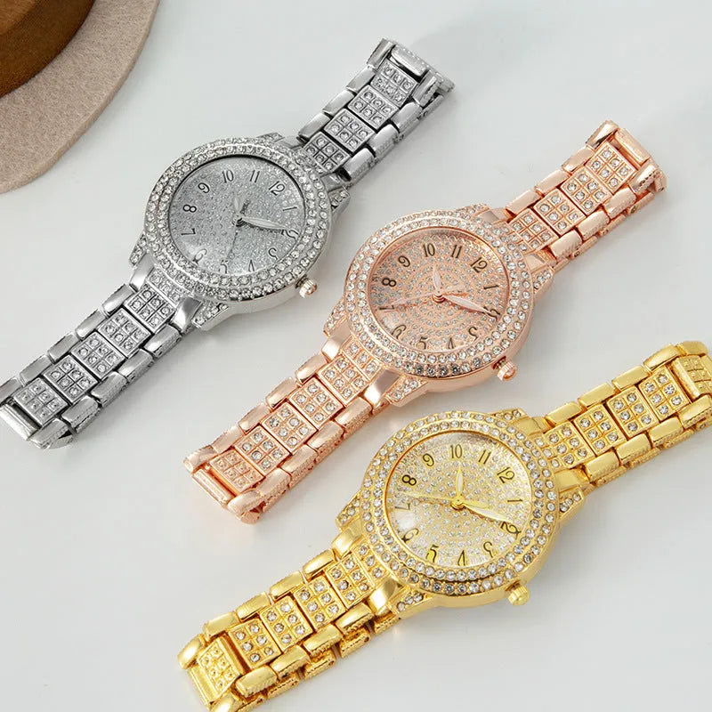 Women's starry rhinestone watch with quartz movement, alloy case, and Roman numeral dial in silver finish
