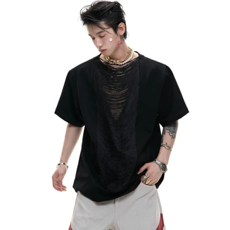 Polyester men's short sleeve t-shirt with hollow out V-neck in drum black