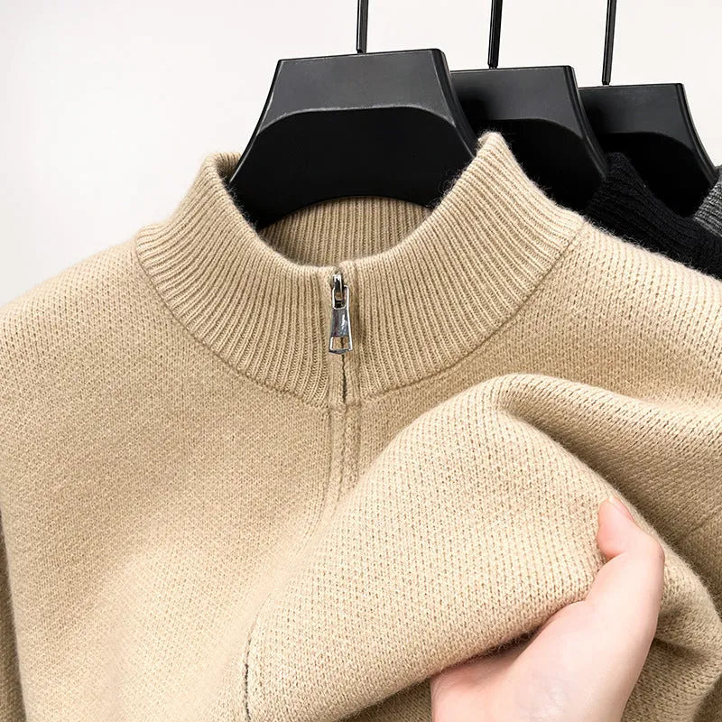 Men's grey knitted cardigan with stand collar and full-length front zipper in loose fit