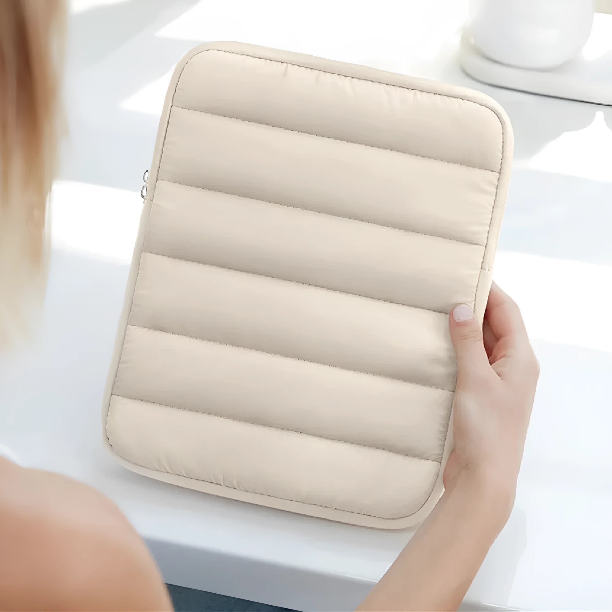 Puff bag laptop sleeve with elastic sides in black, khaki, or silver for 9.7-11 inch devices