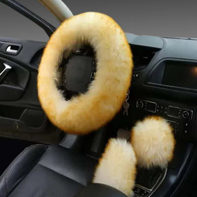 Wool steering wheel cover and handle covers three-piece set in multiple colour options for 38cm diameter wheels