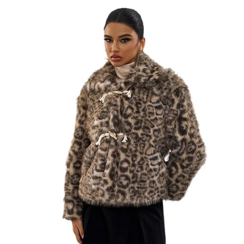 Women's leopard print coat with buckle lapel detail in street fashion style