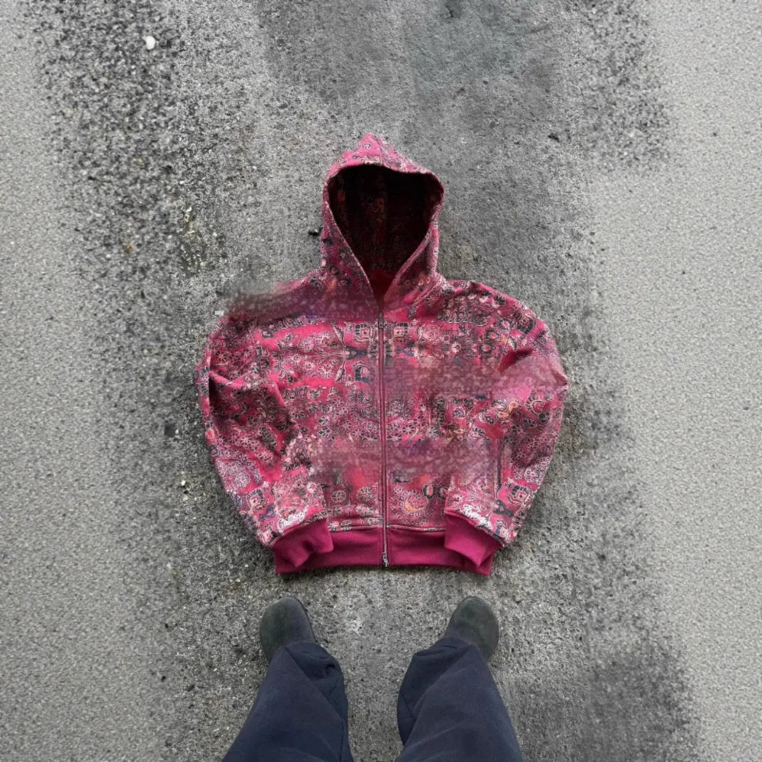 Men's loose fit hooded zip coat in polyester with digital printing, shown in red and blue colour options