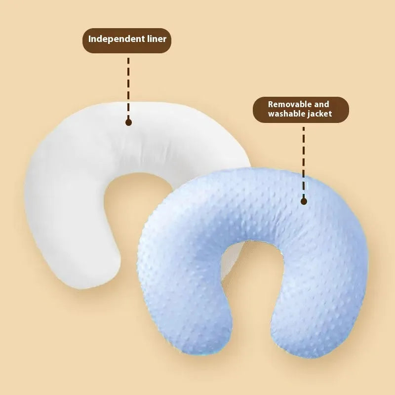 Multifunctional nursing pillow with grey, blue, pink, and yellow pillowcase covers for breastfeeding support.