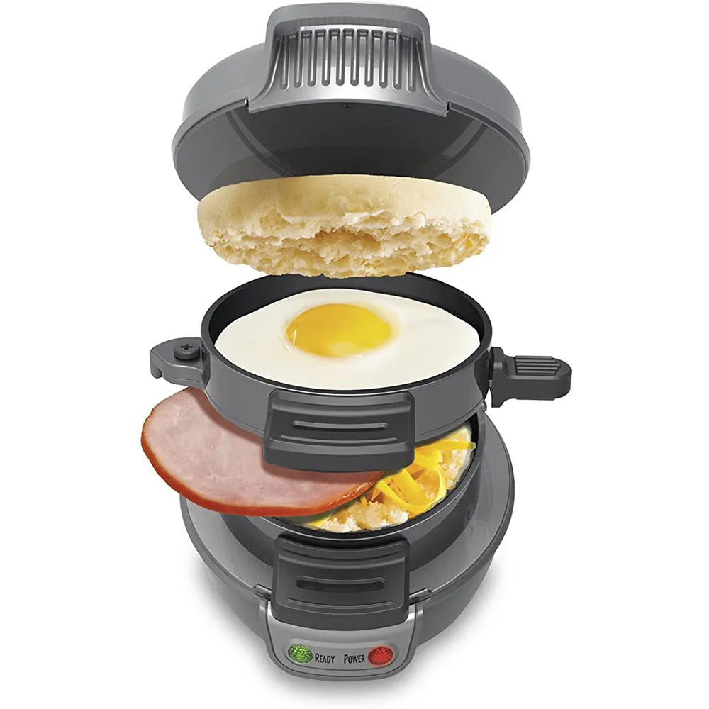 750W multi-function breakfast machine with sandwich maker and egg cooker in red, orange, or grey