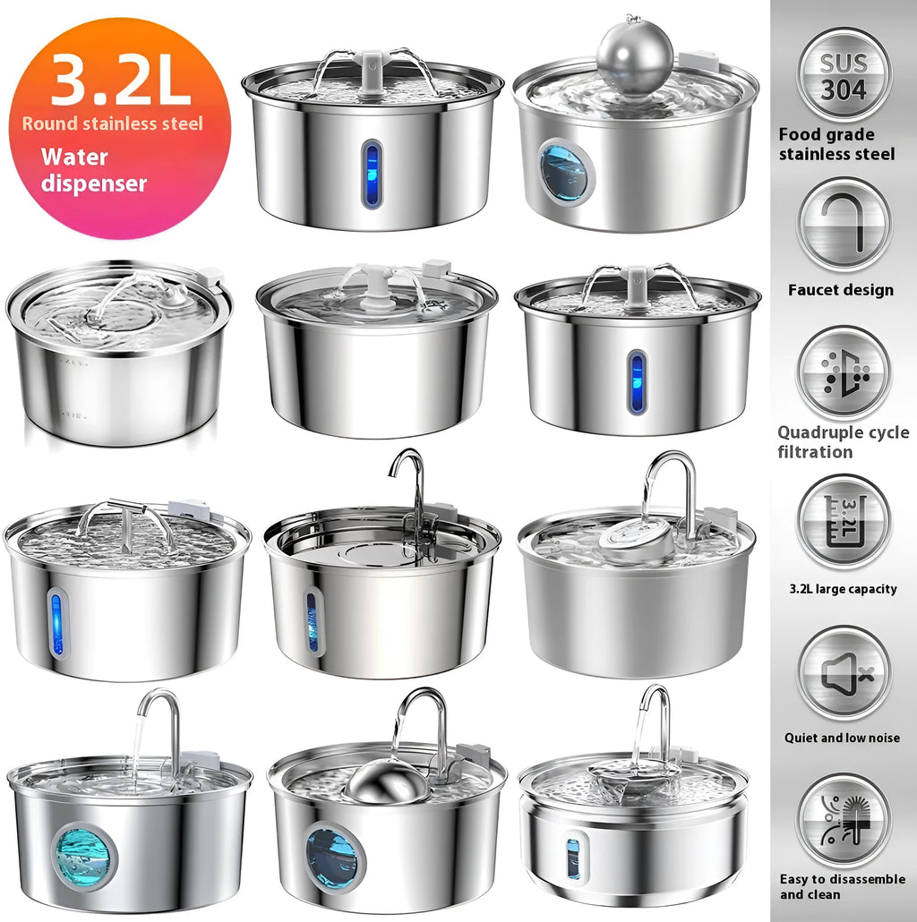 All stainless steel pet water dispenser round runway type large capacity for cats and dogs