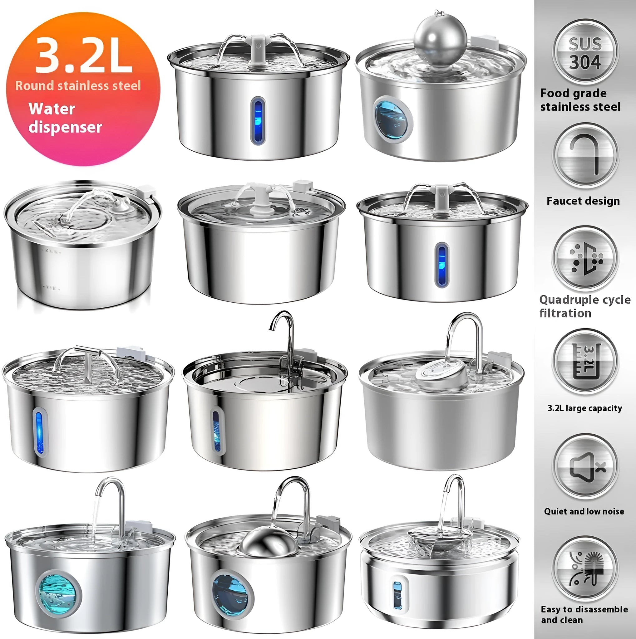 All stainless steel pet water dispenser round runway type large capacity for cats and dogs