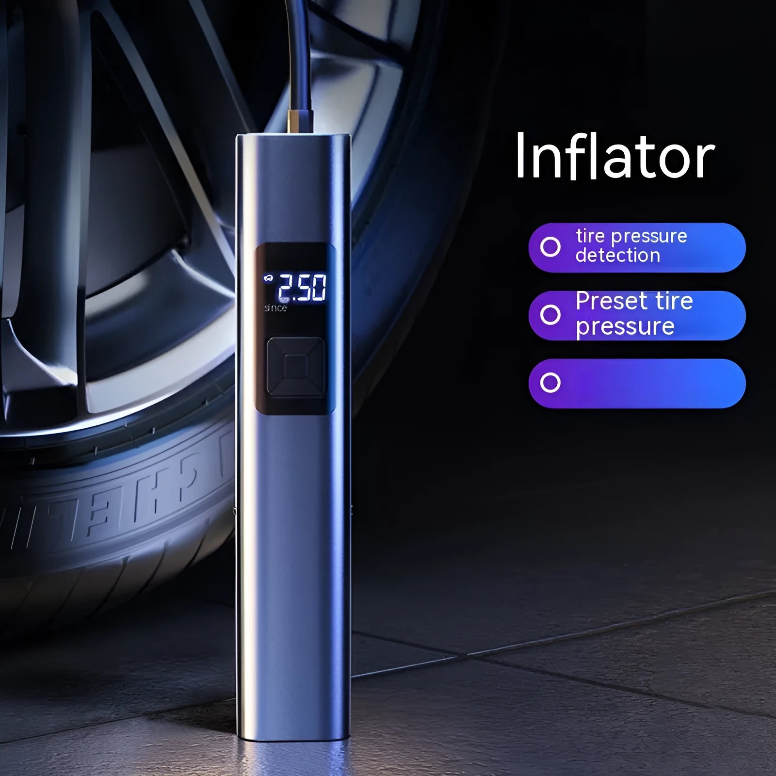 Compact black wireless car tyre inflator and vacuum cleaner with digital screen and LED light